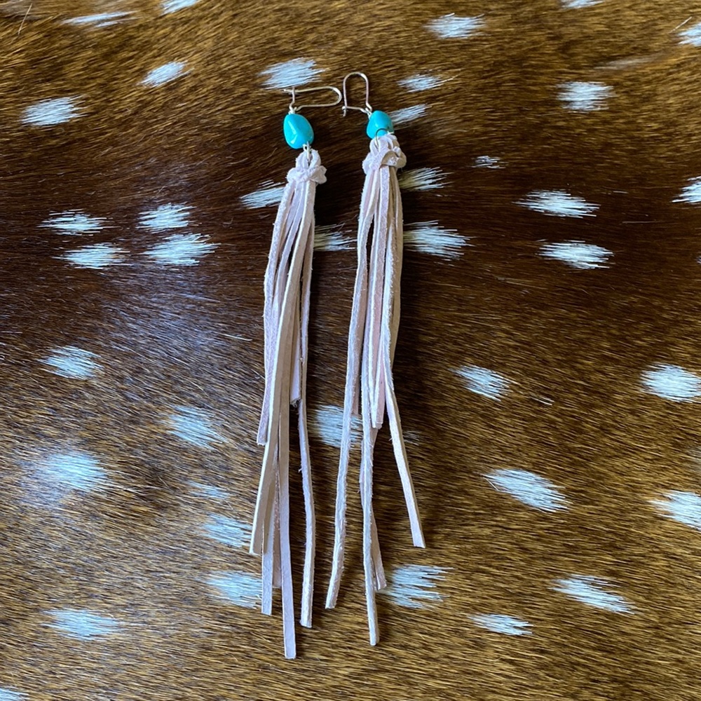 Turquoise, sterling & pink leather fringe earrings